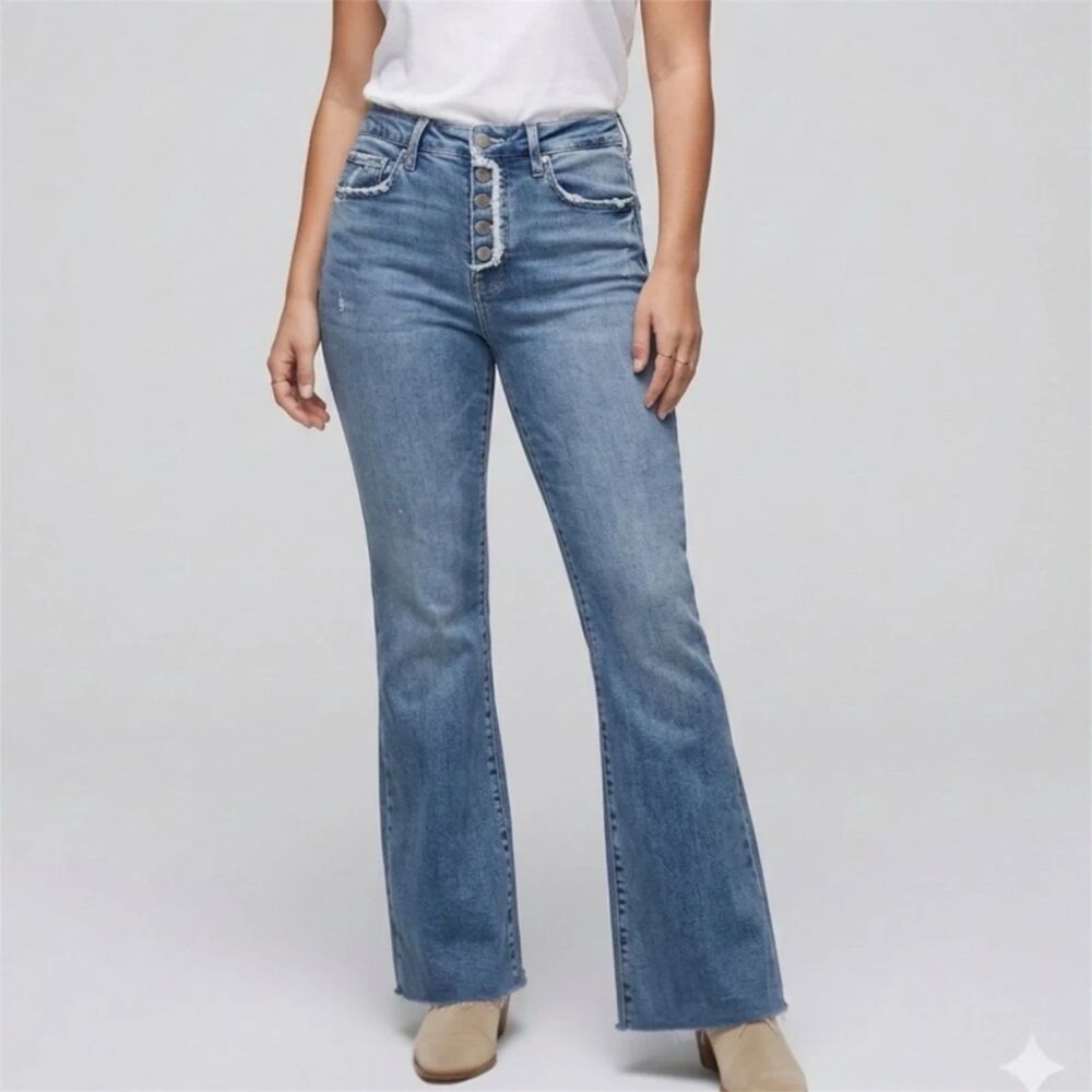 Good American GOOD FLARE Jeans Womens Sz 0 Raw Exposed Button Front Lightwash